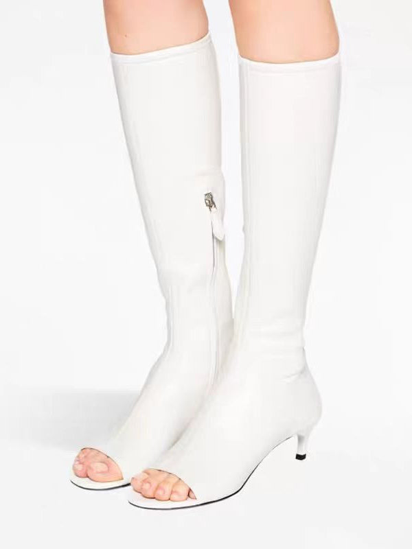 Brown Open-Toe Kitten Heel Knee-High Boots — view 3