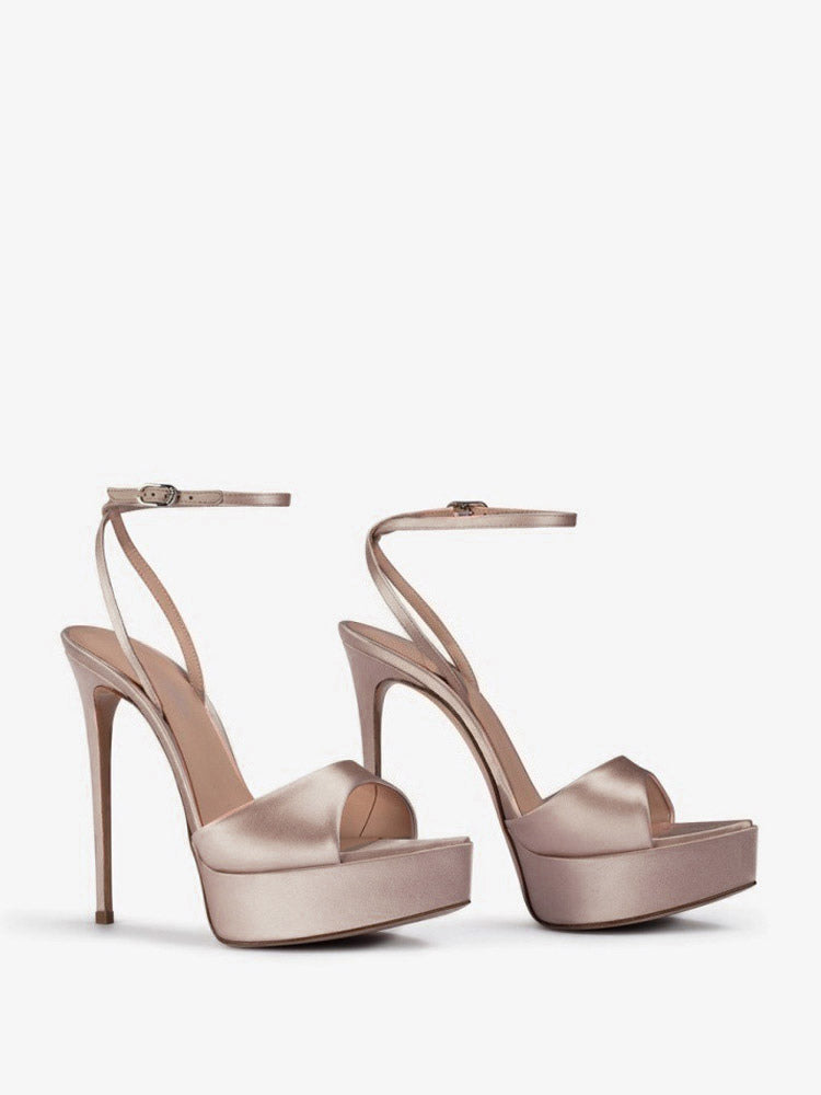 red open toe ankle strap satin sandals — view 4