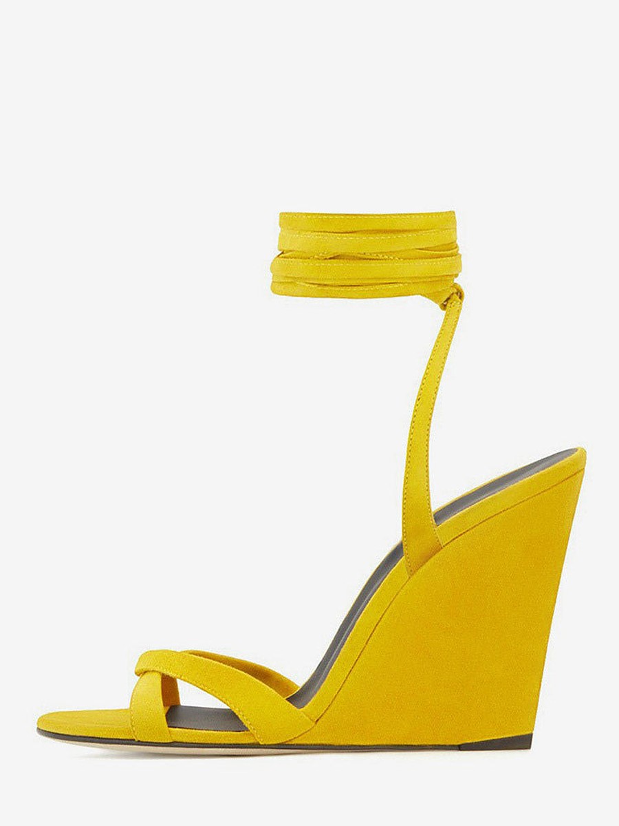 Golden Open-Toe Lace-Up Suede-Effect Wedge Sandals — view 1