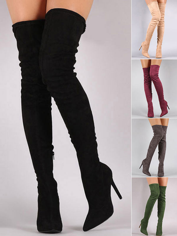 hunter green pointed toe suede effect stretch panel boots — view 1